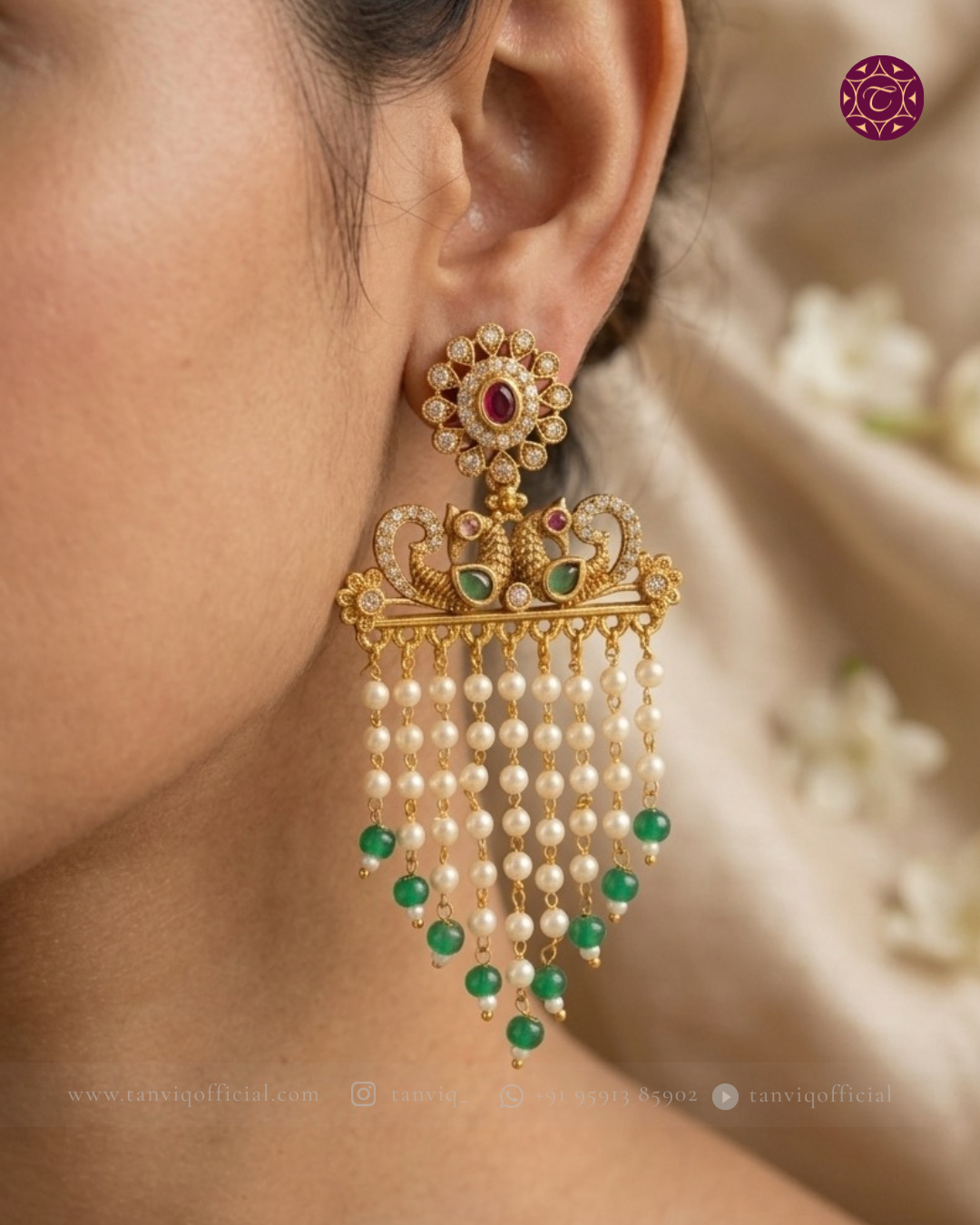 Meherzin Peacock Pearl Emerald Tassel Earrings