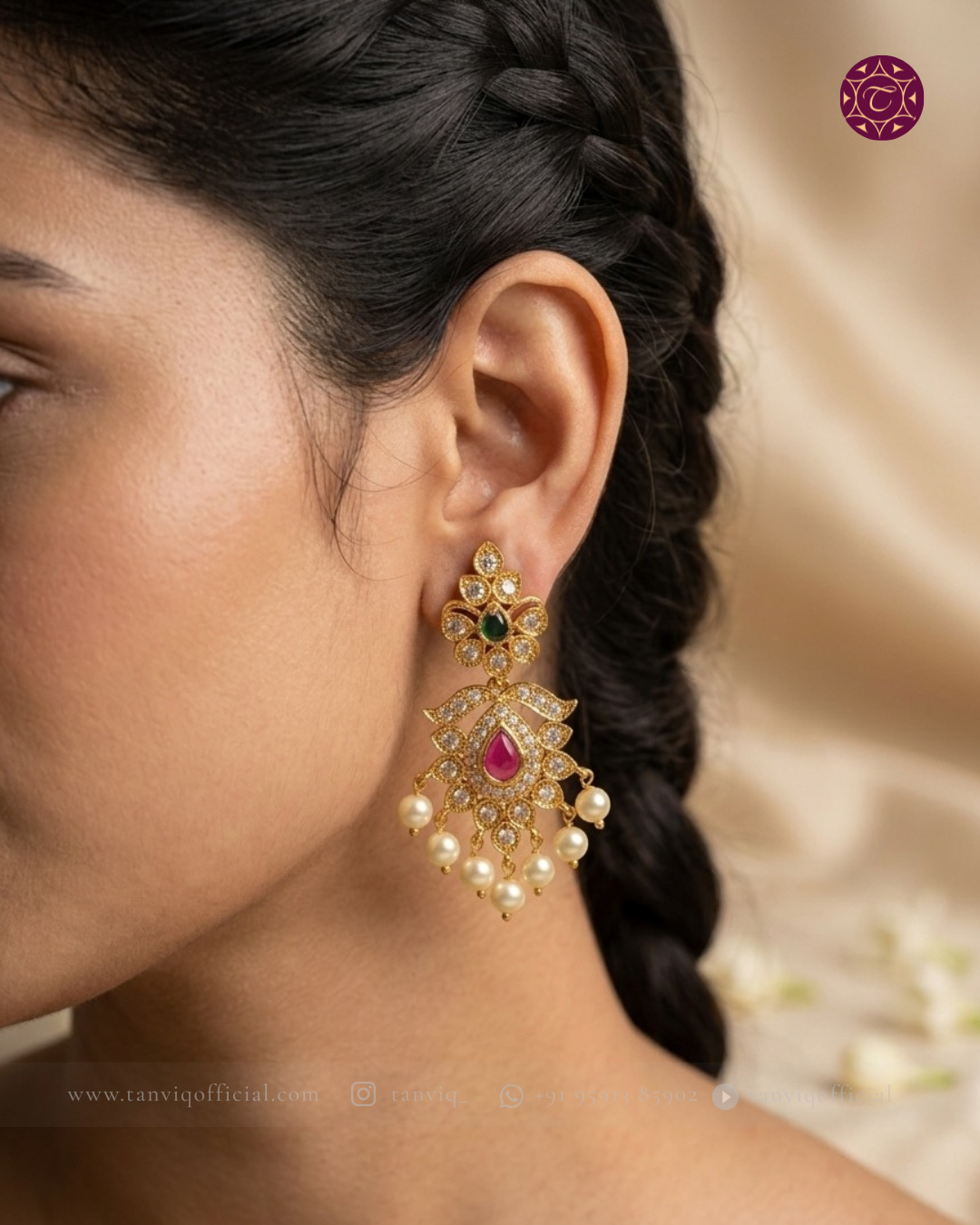 Ridhi CZ Ruby Floral Chandbali