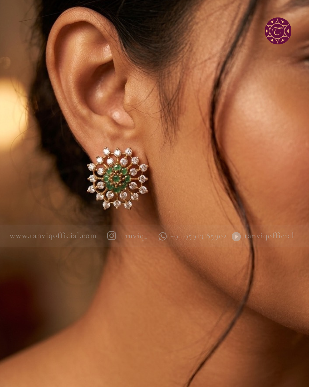 Aaradhya Emerald CZ Sunflower Stud Earrings