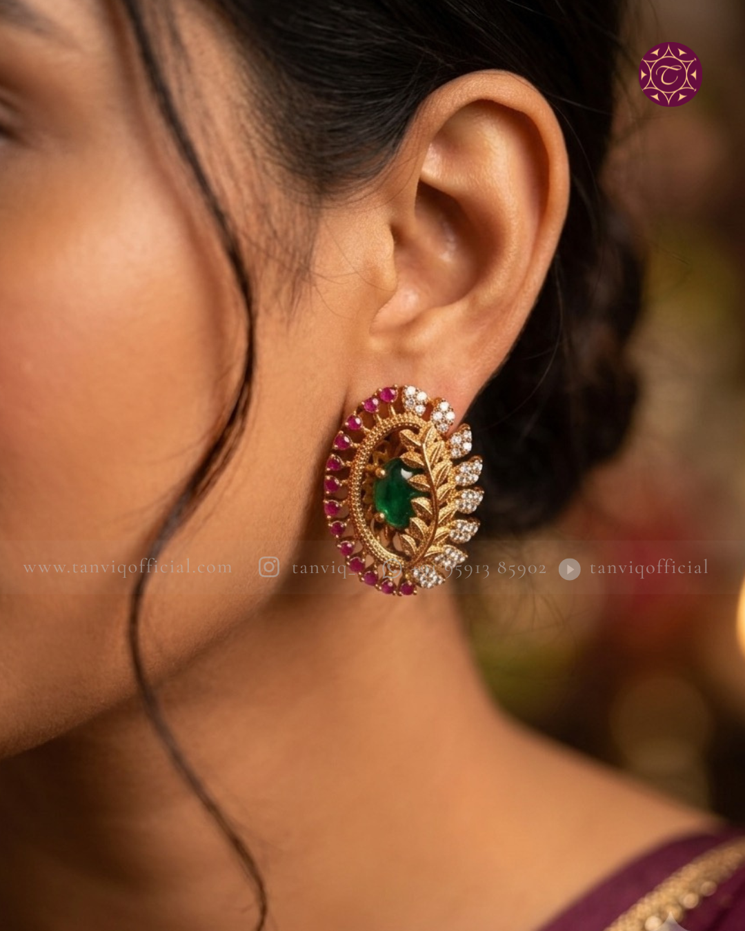 Anushka Leaf Emerald Ruby Halo Stud Earrings