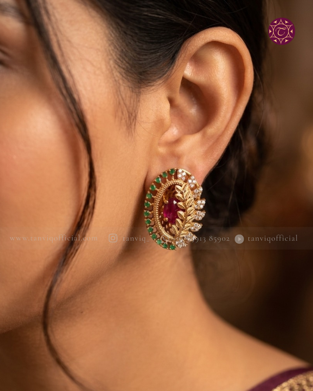 Meherunisa Leaf Emerald Ruby Halo Stud Earrings