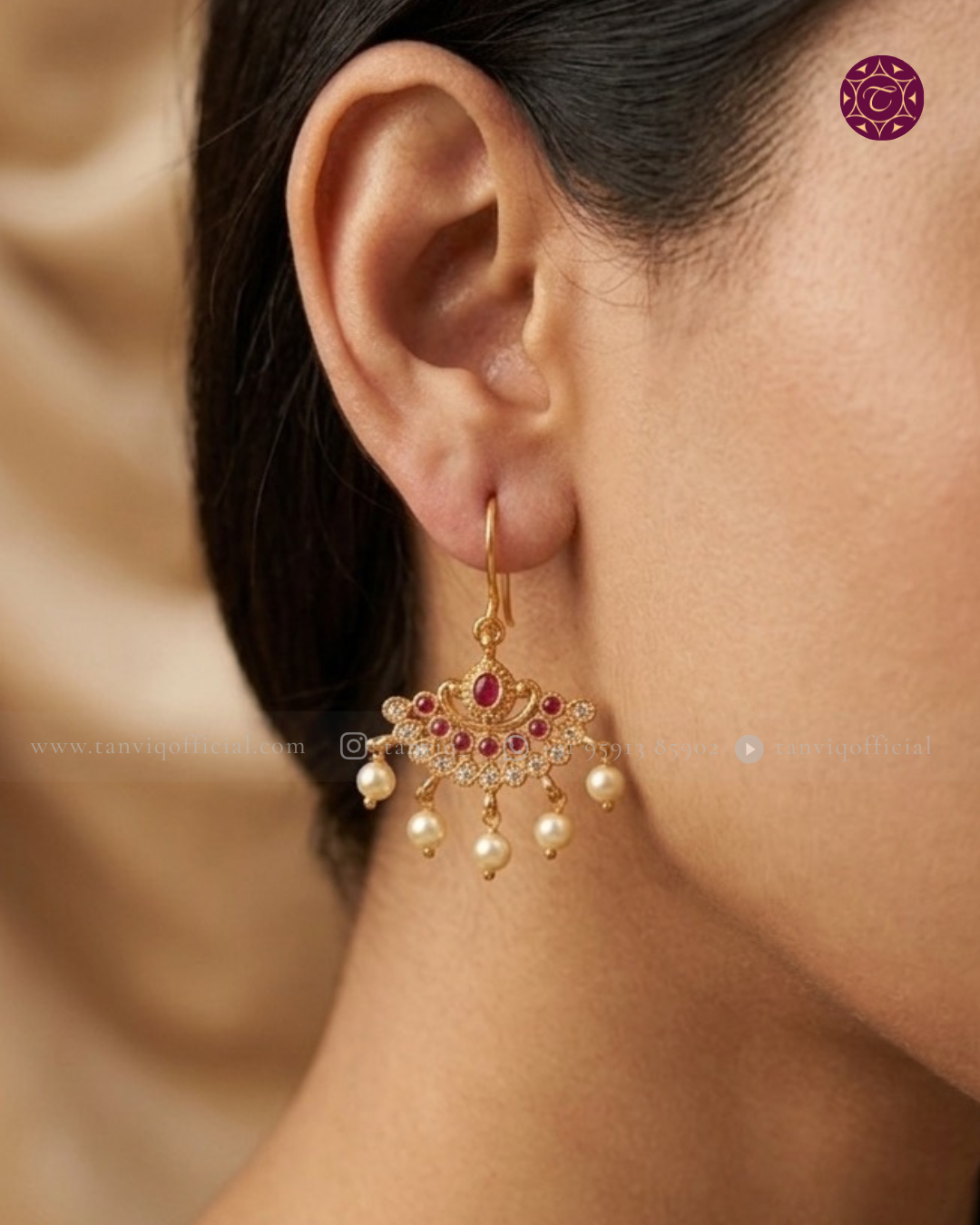 Malini Ruby Pearl Fan Drop Earrings